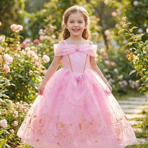 May include: A young girl wearing a pink princess dress with gold detailing and a floral pattern. The dress has off-the-shoulder sleeves, a jeweled bodice, and a full skirt. The girl is smiling in a garden surrounded by flowers.