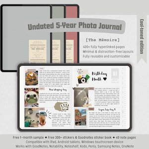 May include: A digital photo journal with a gray cover, titled "Undated 5-Year Photo Journal." The journal includes a tablet displaying sample pages, and three physical journals in gray, pink, and green. The text reads "The Mémoire" and "Cool-toned edition."