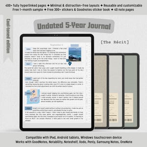 May include: An undated 5-year digital journal with a cool-toned design. The image shows a tablet displaying a journal entry, alongside three other tablets. The journal features hyperlinked pages, stickers, and is compatible with various note-taking apps.