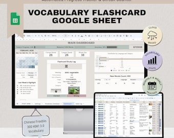 Schede didattiche di vocabolario Fogli Google / Foglio di calcolo per l'apprendimento delle lingue con ripetizione dilazionata / Strumento di monitoraggio del vocabolario / Alternativa ad Anki