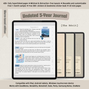Puede incluir: Diario digital de 5 años con un diseño de tonos cálidos. El diario presenta un diseño minimalista, páginas con hipervínculos y es compatible con iPad, tabletas Android y dispositivos con pantalla táctil Windows. Incluye pegatinas y páginas de notas.