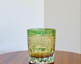 Japanese Whisky Glass Emerald Green Cut Crystal 250ml Edo Style Old Fashioned Tumbler Handmade Rocks Glass Gift with Japanese-Style