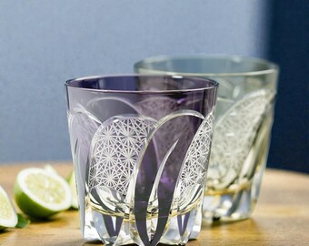 Japanese Whisky Glass Edo Kiriko Style, Hand Cut Crystal Rocks Glass for Bourbon Scotch, Purple & Grey Old Fashioned Glass with Gift Box