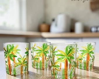 Palm Tree Whiskey Glass, Tropical Drinking Glass, Unique Cocktail Glass, Aesthetic Bourbon Glass, Summer Bar Glass, Gift for Him