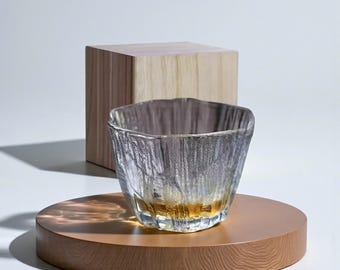Japanese Whisky Glass 215ml Textured Handmade Tumbler | Tsukiglass Rock Glass with Japanese-Style Gift Box for Whiskey Lov