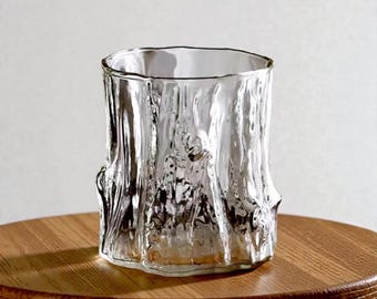 Aesthetic Textured Glass Mug, Bark Effect Water Cup, Unique Rippled Rocks Glass, Minimalist Home Decor Gift, 300ml Iced Coffee Glass