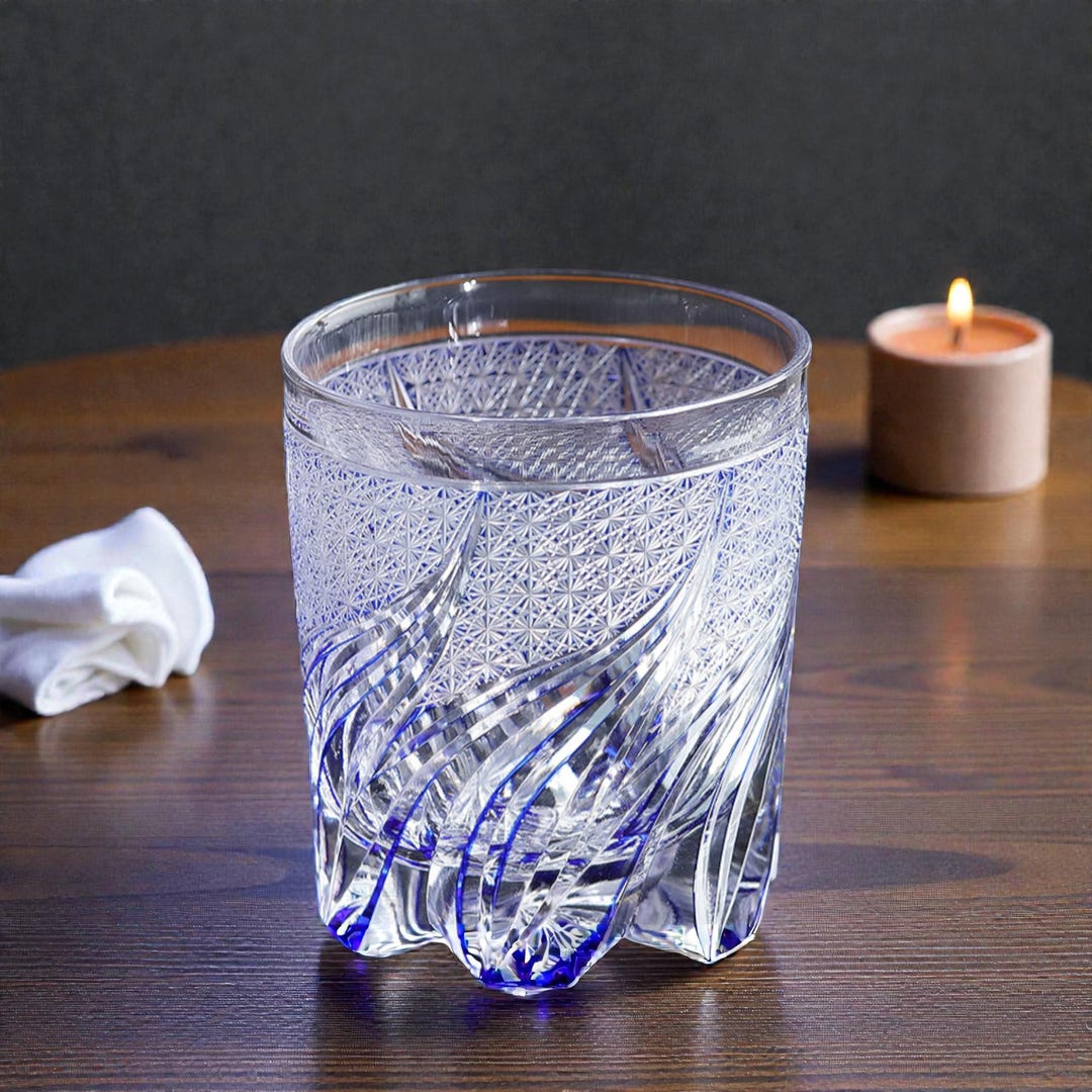 Handmade Japanese Edo Kiriko Whiskey Glass, Cobalt Blue Cut Crystal ...