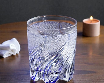 Handmade Japanese Edo Kiriko Whiskey Glass, Cobalt Blue Cut Crystal Rocks Glass for Bourbon, Unique Whiskey Gift for Men, Artisan Scotch Cup