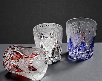 Handmade Edo Kiriko Japanese Whiskey Glass, Crystal Rocks Glass for Bourbon Scotch, Unique Barware Gift for Men, Blue Red Clear Style
