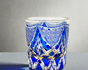 Hand Cut Blue Edo Kiriko Whiskey Glass, Japanese Crystal Old Fashioned Rocks Glass for Bourbon Scotch, Unique Barware Gift for Men, 250ml