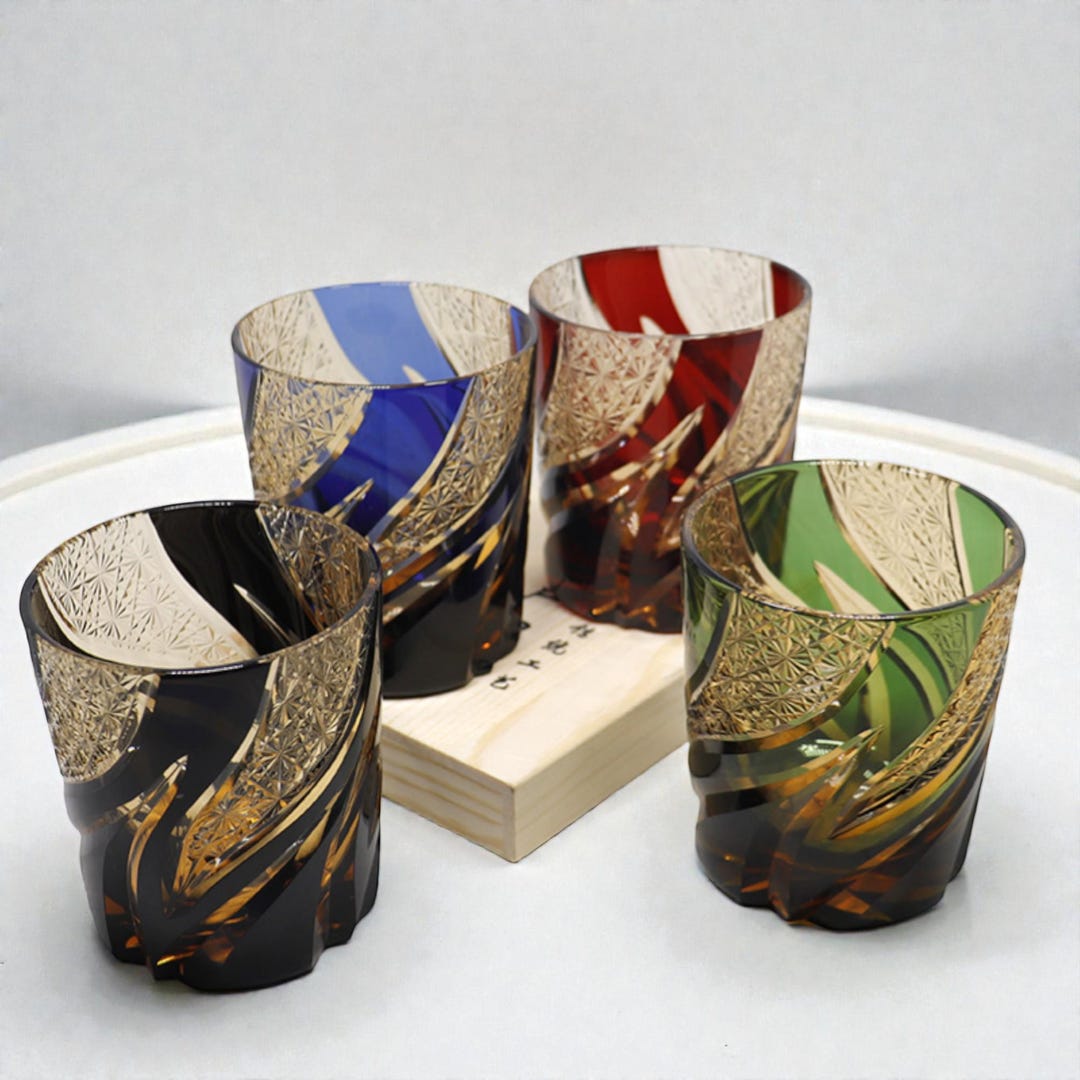 Handmade Edo Kiriko Style Whiskey Glass, Cut Crystal Rocks Glass for ...