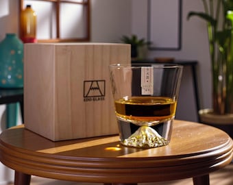 Mount Fuji Japanese Whisky Glass | Mountain Base Whiskey Tumbler | Unique Scotch Glass with Wood Box | 250ml Rock Barware Gift for Him