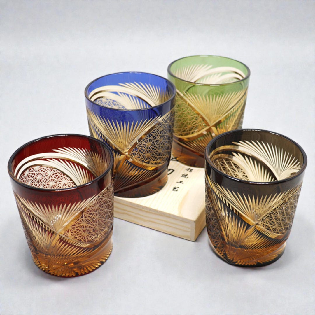 Handmade Edo Kiriko Japanese Whisky Glass Set, Cut Crystal Rocks Glass ...