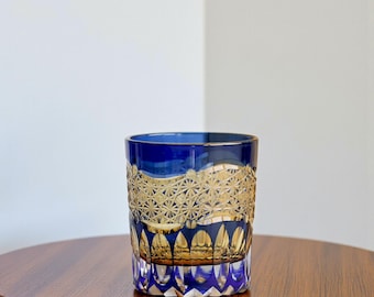 Japanese Whisky Glass Blue Cut Crystal Rocks Glass 250ml Edo Style Old Fashioned Tumblers Handmade Gift with Japanese-Style Box