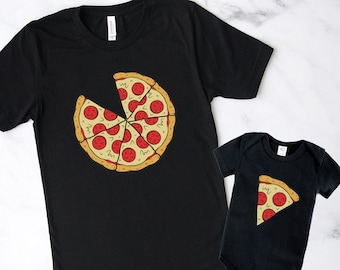 Pizza Mom,Dad  Baby Matching Clothes Shirt Bodysuit Newborn Girl Infant Outfits, Pizza and Pizza Slice Baby Bodysuit & Mens T-Shirt Set cute