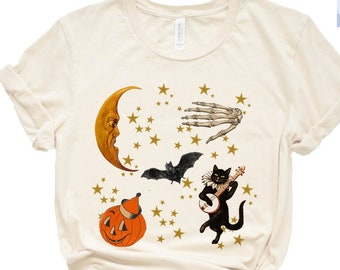 vintage halloween shirt, halloween tee, fall apparel, vintage shirt, vintage moon, vintage black cat, retro halloween, fall apparel,womens