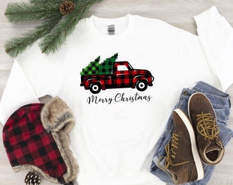 Christmas Truck Sweatshirt, Plaid Tree, Holiday Top