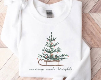 Christmas Sweatshirt for Women, Merry and Bright Sweatshirt, Christmas Sweater, Christmas Tree Sweatshirt, Crewneck, Holiday Sweatshirt