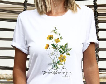 Rooted in Him Christian T Shirt for Women/ Colossians 2:6-7/ Cute Wildflower Tshirt for Her/ Faith Based T-Shirt for Mom/ Fall Tee for Her