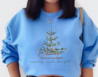 Christmas Sweatshirt for Women, Merry and Bright Sweatshirt, Christmas Sweater, Christmas Tree Sweatshirt, Crewneck, Holiday Sweatshirt