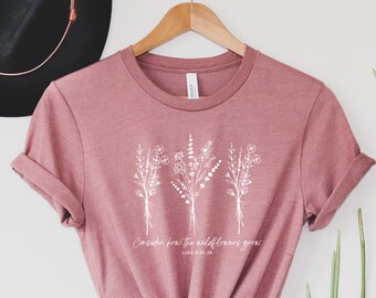 Rooted in Him Christian T Shirt for Women/ Colossians 2:6-7/ Cute Wildflower Tshirt for Her/ Faith Based T-Shirt for Mom/ Fall Tee for Her