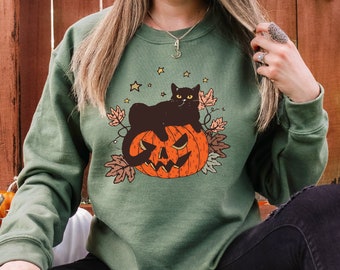 Black Cat on Pumpkin Sweatshirt, Sweater for fall, Black Cat Sweater, Halloween Black Cat Design, Halloween Gifts for Cat Owner