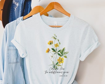 Rooted in Him Christian T Shirt for Women/ Colossians 2:6-7/ Cute Wildflower Tshirt for Her/ Faith Based T-Shirt for Mom/ Fall Tee for Her