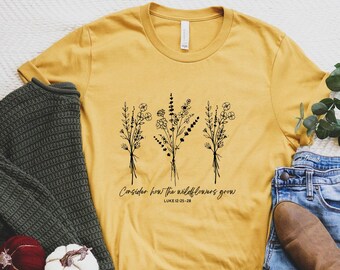 Rooted in Him Christian T Shirt for Women/ Colossians 2:6-7/ Cute Wildflower Tshirt for Her/ Faith Based T-Shirt for Mom/ Fall Tee for Her