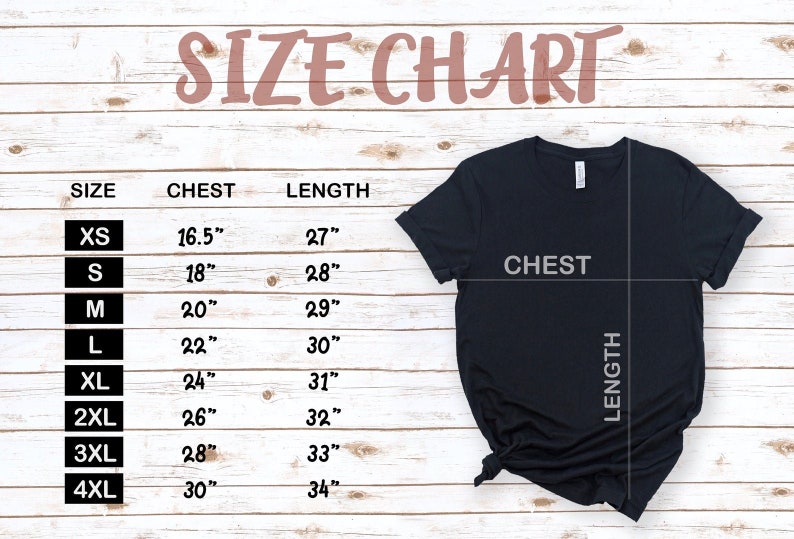 May include: Size chart for a t-shirt with measurements in inches for chest and length. Sizes range from XS to 4XL.