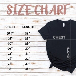 May include: Size chart for a t-shirt with measurements in inches for chest and length. Sizes range from XS to 4XL.