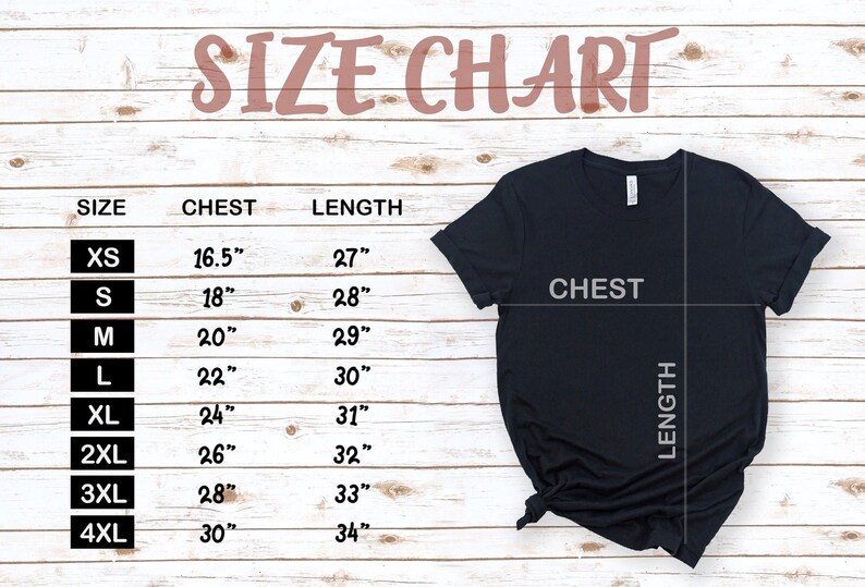 May include: Size chart for a t-shirt with measurements in inches for chest and length. Sizes range from XS to 4XL.