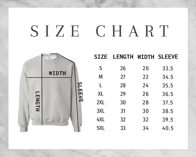 May include: A light gray sweatshirt with a size chart. The chart lists sizes S to 5XL, with corresponding measurements for length, width, and sleeve length in inches. The text "SIZE CHART" is at the top.
