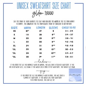 May include: Unisex sweatshirt size chart for Gildan 18000. The chart shows sizes XS to 3XL with corresponding width, length, sleeve length, and chest measurements in inches.