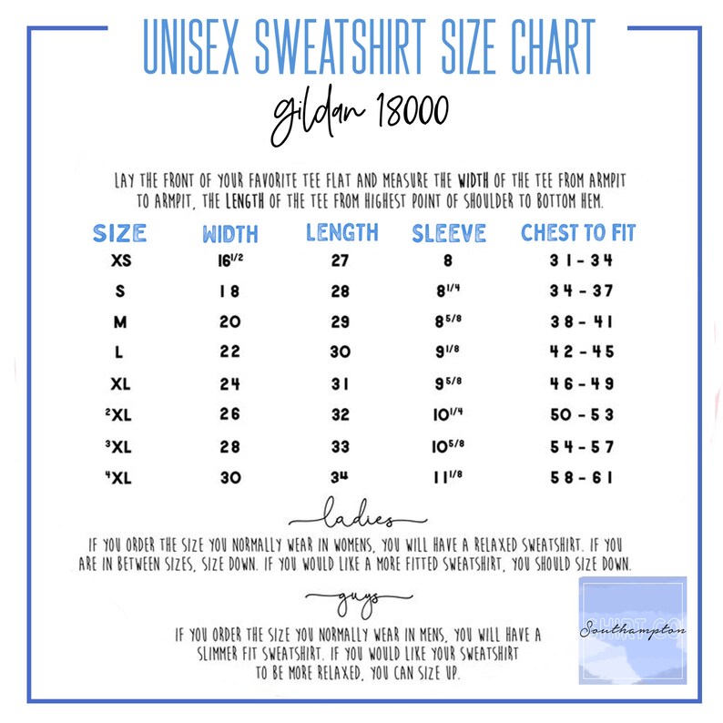 May include: Unisex sweatshirt size chart for Gildan 18000. The chart shows sizes XS to 3XL with corresponding width, length, sleeve length, and chest measurements in inches.