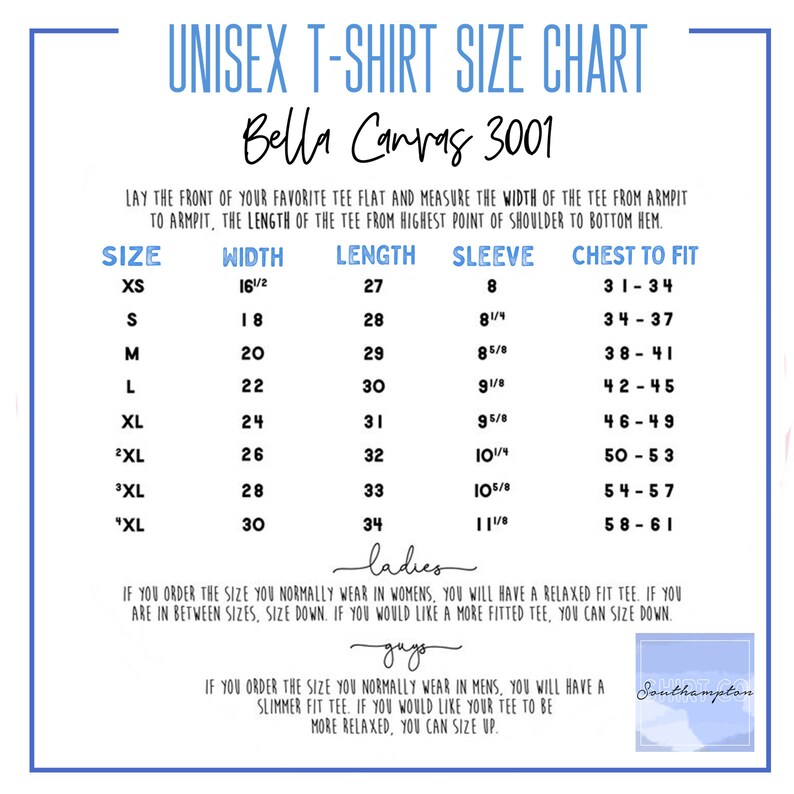 May include: Unisex t-shirt size chart for Bella Canvas 3001. The chart shows sizes XS through 3XL with corresponding measurements for width, length, sleeve, and chest to fit in inches.
