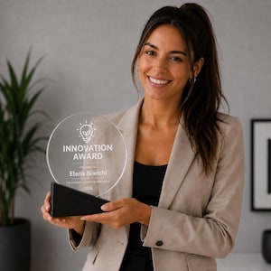 Może przedstawiać: Przezroczysta, okrągła nagroda Innovation Award z czarną podstawą. Nagroda zawiera grafikę żarówki i tekst "INNOVATION AWARD" wraz z nazwiskiem odbiorcy i rokiem 2026. Nagroda jest trzymana przez osobę w beżowej marynarce.