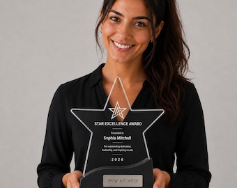 Premio estrella de oficina colorido grabado en plexiglás personalizado, diseño personalizado, placa de plexiglás moderna, placa personalizable