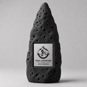 May include: A dark grey trophy with a textured surface and a silver plate. The plate displays a mountain biking graphic and the text "TRAIL CHAMPION 2024 WINNER". The trophy has a distinctive, porous design.