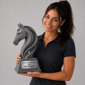 Może przedstawiać: Szary trofeum jeździeckie z motywem głowy konia. Podstawa trofeum ma tabliczkę z napisem "Equestrian Championship 2026 1st Place". Trofeum trzymane jest przez osobę ubraną w czarną koszulkę polo.