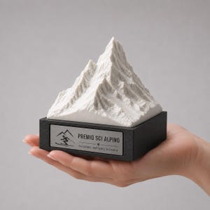 Może przedstawiać: Białe trofeum w kształcie góry z czarną podstawą. Trofeum ma napis "PREMIO SCI ALPINO" i grafikę narciarza na srebrnej płycie. Podstawa jest trzymana w dłoni.