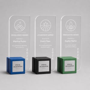 Może przedstawiać: Trzy przezroczyste nagrody akrylowe z zaokrąglonymi wierzchołkami i kolorowymi podstawami. Nagrody są oznaczone jako "Excellence Award", "Leadership Award" i "Innovation Award". Każda podstawa ma inny kolor: niebieski, czarny i zielony. Każda nagroda ma napis "Special Recognition".