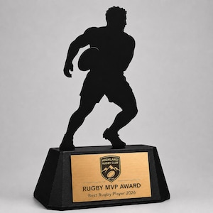 Niestandardowe trofeum rugby – figurka gracza z czarnego pleksiglasu – matowa podstawa drukowana w 3D – nagroda dla najlepszego zawodnika i MVP