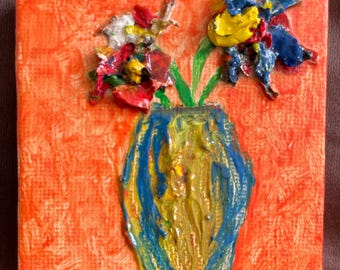 Miniature whimsical art bouquet created with acrylic texture/
