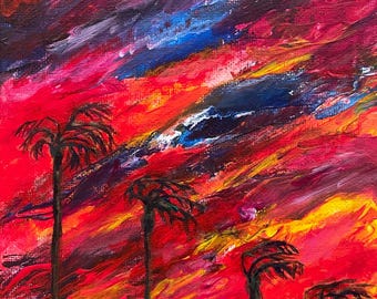Originale Boho-Kunst, originelles Wandbild, kleines Sonnenuntergangsgemälde, leuchtende Farben, signiertes Wandbild, 6 x 8 Zoll