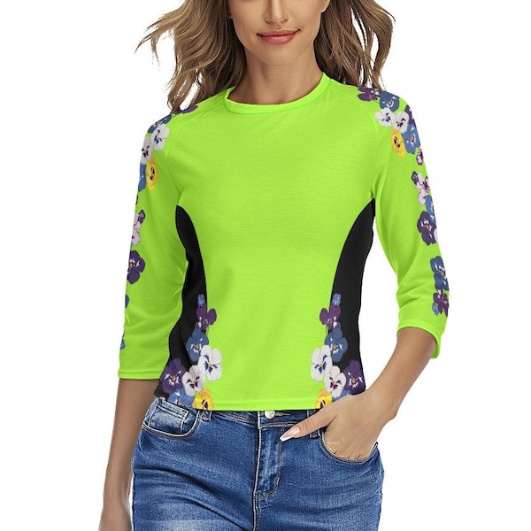 Hivis Slimming Women's High Visibility Raglan Sleeves Safety Green Blue Floral 3/4 Sleeve T-shirts