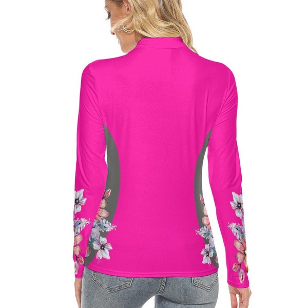 Hivis Neón Mujer Rosa Cuello Simulado Alta Visibilidad Camisa De Manga Larga Stretch Top
