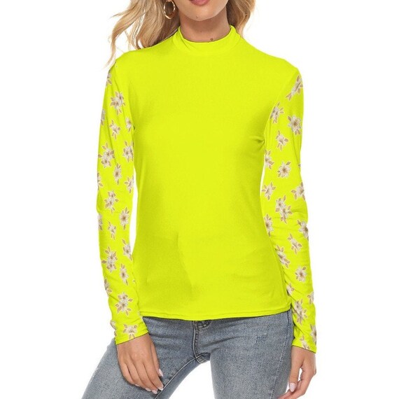Hivis Neon Mock Neck Womens High Visibility Safety Yellow Print Women s Stretchable Turtleneck Top Etsy