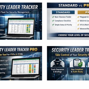 以下が含まれることがあります： セキュリティ管理用のExcelツール「Security Leader Tracker」のプロモーション画像。ソフトウェアのスクリーンショット、StandardとProの機能比較表、追跡、コンプライアンス、リスク管理のアイコンが含まれています。