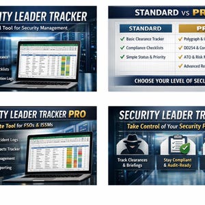 May include: A promotional image for "Security Leader Tracker," an Excel tool for security management. The image includes screenshots of the software, a comparison chart of Standard vs. Pro features, and icons for tracking, compliance, and risk management.
