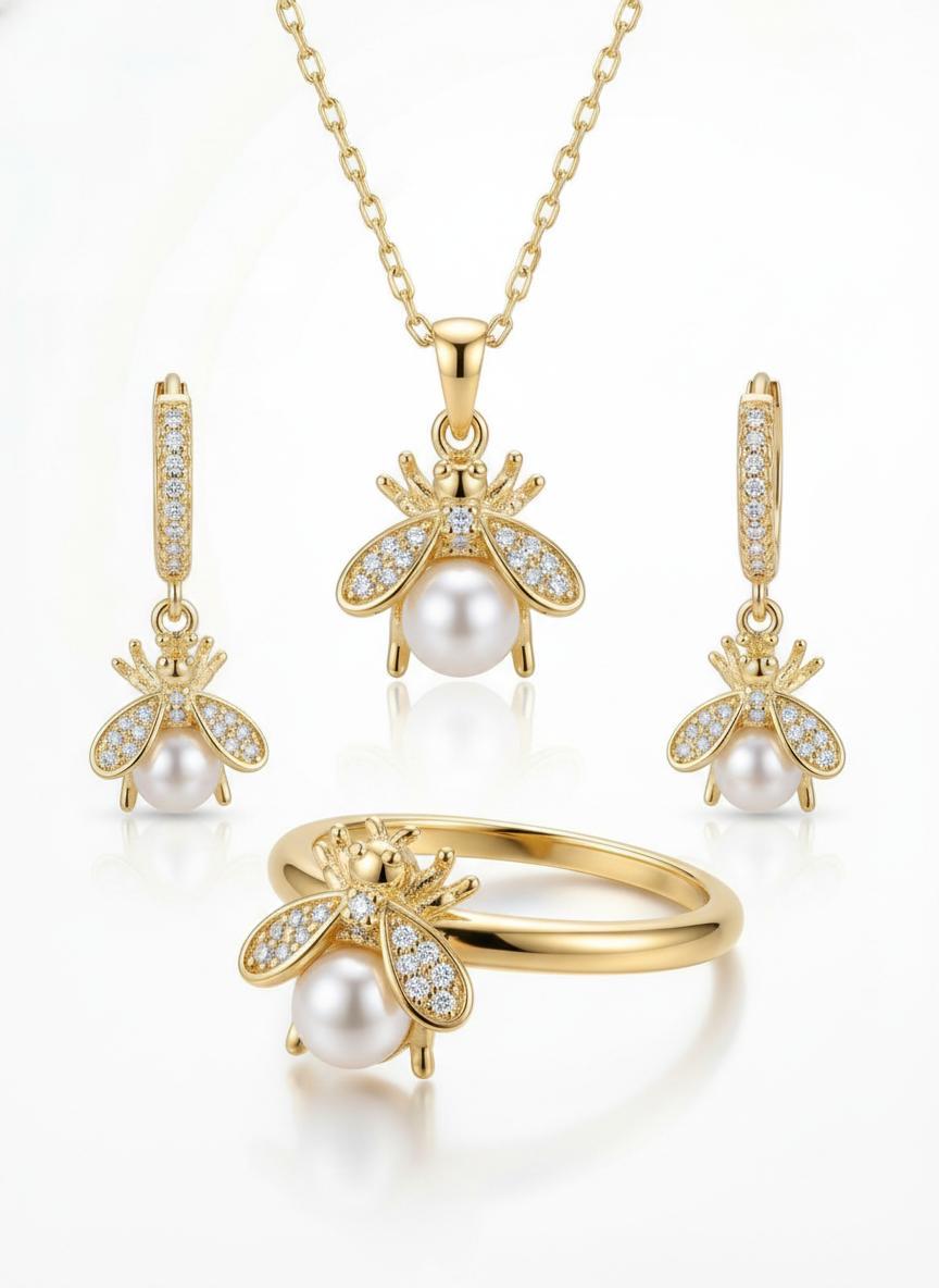 Bee Pearl Jewelry Set - 18K Gold Plated Sterling Silver Necklace, Earrings, Ring